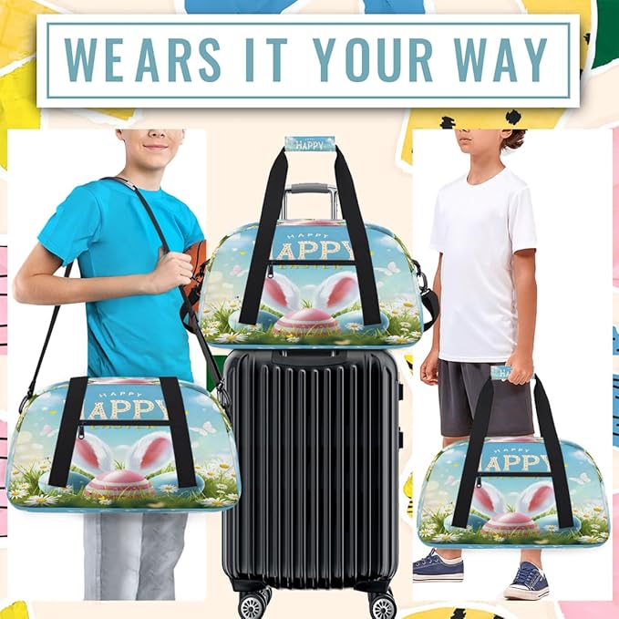 Travel Duffle Bag for travel duffle bag sports Girls Boys Kids Easter Eggs Bunny Lightweight Overnight Sleepover Weekender Bags Small Dance Gym Sport Bag Teens Carry-On Size Workout Bag