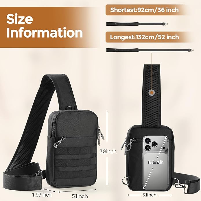 VADOO Small Sling Bag for Men, Tactical Crossbody Bag with Zipper Lock, RFID and Molle System for Travel Work Outdoor