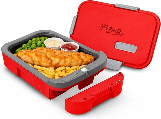 Hot Bento PLUS Self Heated Lunch Box and Food Warmer Removeable Battery Powered, Portable, Cordless, Hot Meals for Office, Travel, Jobsite, Picnics, Outdoor Recreation, Kitchen Meal Prep (Ruby)