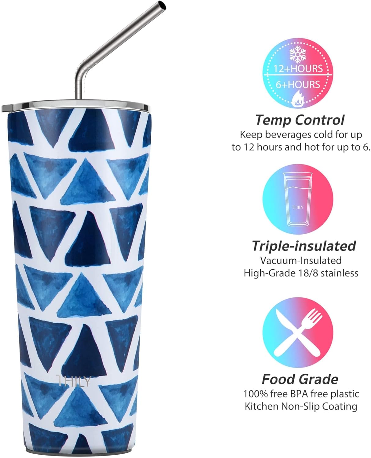 THILY Tumbler Stainless Steel Coffee Cup 26 oz Triple-Insulated Travel Mug with Splash-Proof Lid, for Iced Drinks and Hot Beverage Smoothies Cup, Blue Triangle