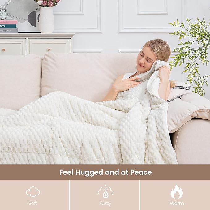 Super Fuzzy Soft Fleece Sherpa Weighted Blanket 20 lbs for Adults, 3D Imitation Turtle Shell Luxury Weighted Throw for Better Sleep, Dual Sided Cozy Blankets for Couch Bed, Cream White, 60" x 80"
