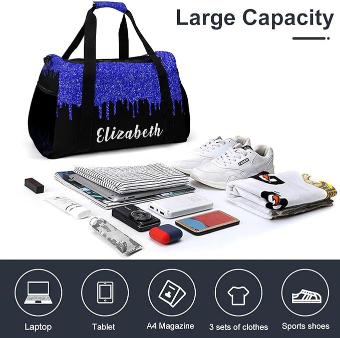 Handheld Crossbody Multifunctional Travel Bags, Personalized Duffle Bags, Sparkle Navy Blue Glitter Print Luggage Bag, Custom Name Weekender Overnight Bags