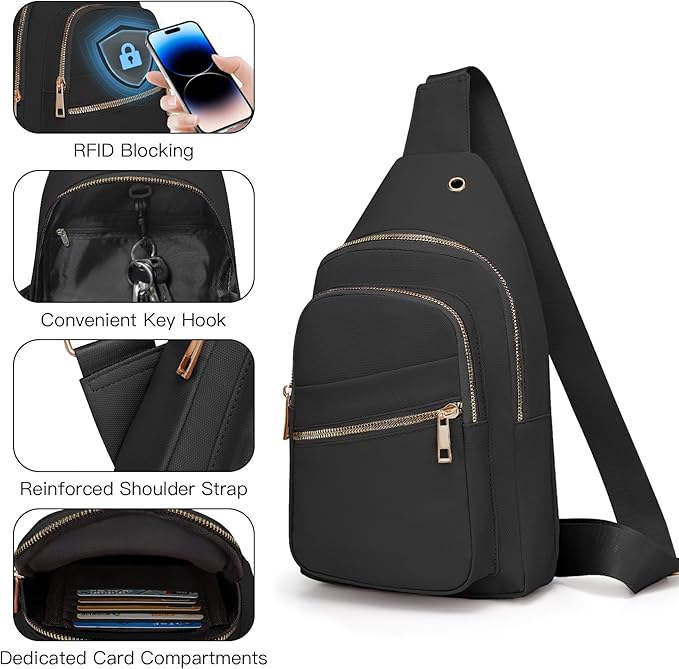 Small RFID Waterproof Travel Crossbody Sling Bags for Women Men, Black Hands Free Lightweight Sling Backpack Chest Bag Daypack for Outdoors Hiking Traveling Fitness Daily Commuting Shopping