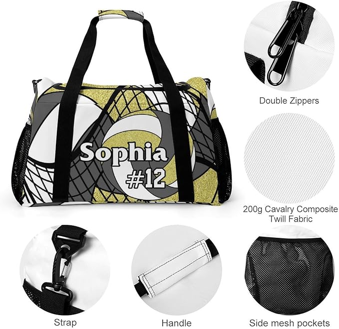 Custom Volleyball Grey Gold Duffel Bag with Name Personalized Travel Bags Sport Gym Bag Carry On Weekender Bags for Men Women
