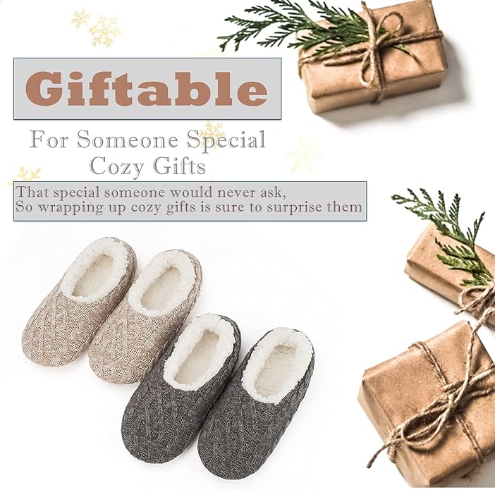 Cozylook 2-Pair Women's Soft Sole Slipper Socks with Grippers, Thick Warm Cozy Sherpa Lined Home Socks Set, Cable Knitted Non-slip Fluffy Winter House Bedroom Slippers