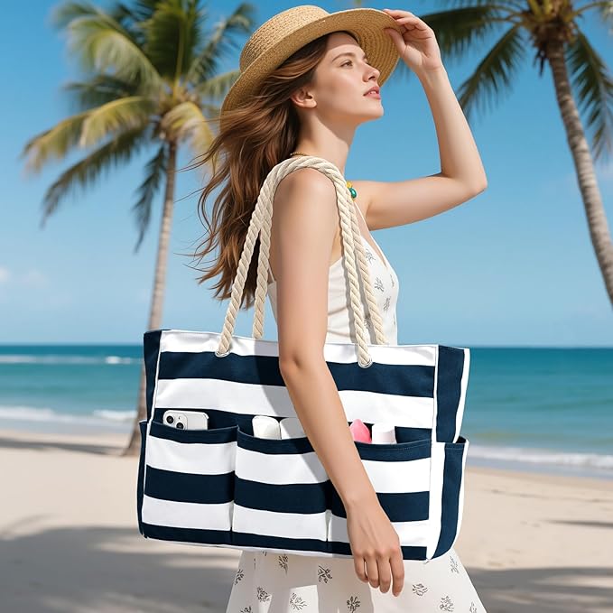 Becokan Beach Bags for Women Canvas Large Beach Tote Bag Zipper Waterproof Sandproof Foldable Swim Pool Bag with 7 Pockets