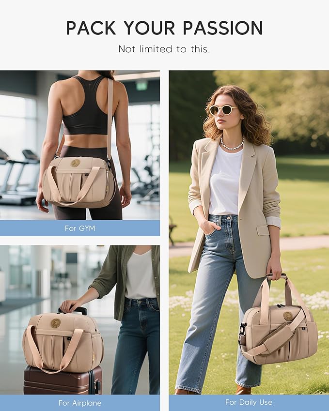 Small Gym Bag with Wet Pocket 40x30x15cm Personal Item Bag Airline Approved Travel Duffle Bag 16x12x6 inch Carry on Duffel Bag,Beige