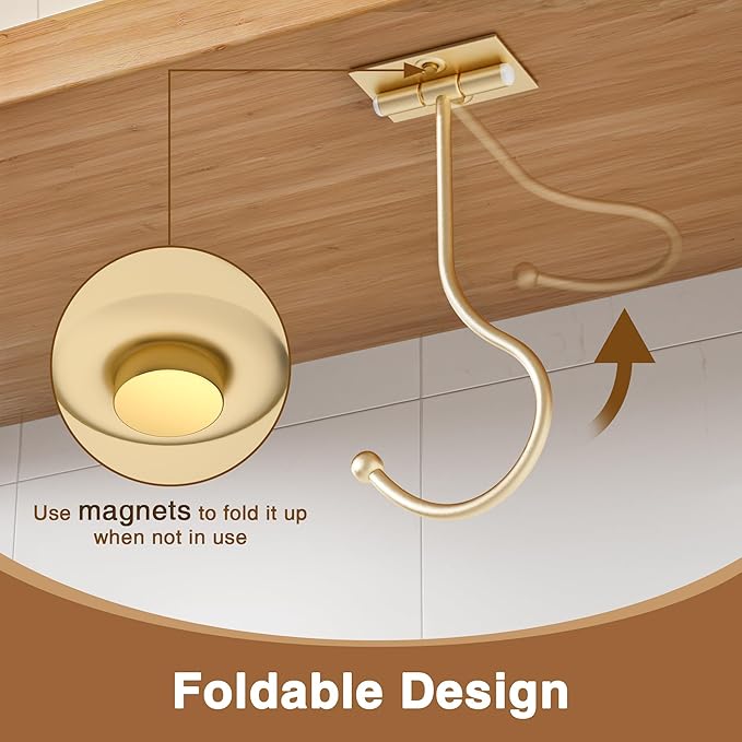 Modern Banana Hanger Hook Under Cabinet: Adhesive Banana Holder, Foldable with Magnets When Not in Use, Under Counter Banana Hook, Stainless, Hold 13 LB, Gold, 2 Pack