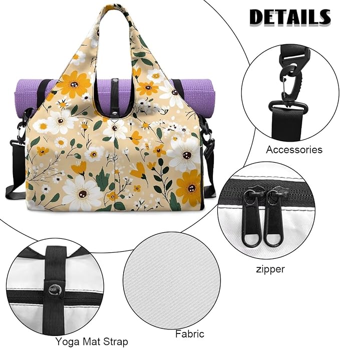 White Daisy Duffle Bag Women with Shoe Compartment and Yoga Mat Holder Yellow Sports Duffel Bag with Wet Pockets for Women, Stylish Portable Fitness Sport Tote Bag