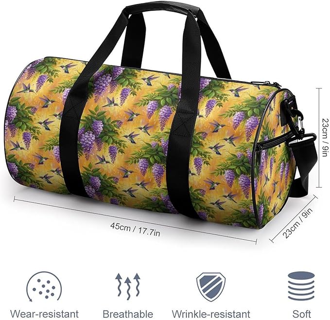 Lightweight Sports Travel Bag Purple Flowers And Hummingbird Beach Swim Bags Men Women Duffle Bag Foldable Overnight Bags