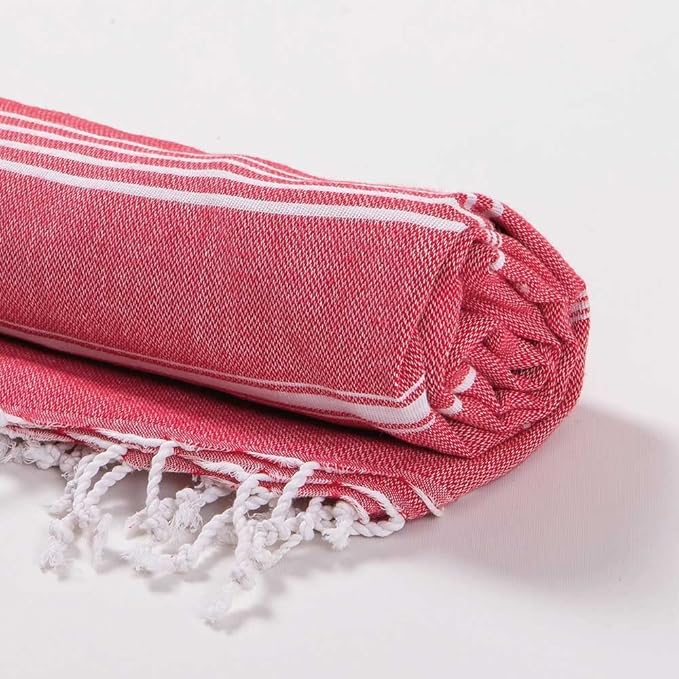Hencely Turkish Beach Towel 37x68 Oversized, Sand-Free, Quick-Dry, Lightweight - Travel Essential for Pool & Bath - Striped 100% Cotton Bathroom Towels Accessories Gift (Red)
