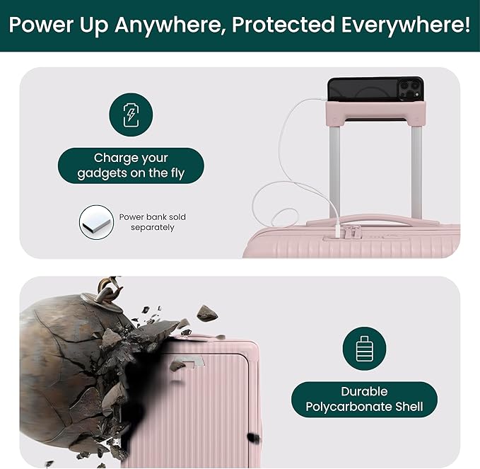 Nobl Travel Carry On Expandable Luggage, Noble Aluminum Frame PC Hard Shell Suitcase, 22.5”x14.2”x9.8” Airline Approved, 360° Spinner Wheels, TSA Locks, USB Charging, Cup & Phone Holder - Blush
