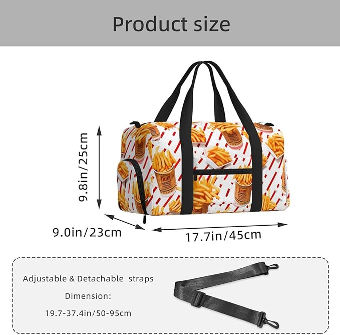 Sports Gym Bag French Fries Chips Pattern Travel Duffel Bag With Shoe Compartment Shoulder Strap, Lightweight Water-Resistant Weekend Overnight Totes For Women Men