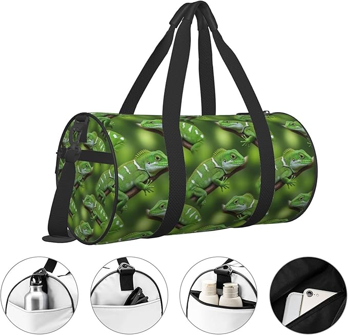 Round Duffel Sports Bags Travel Gym Fitness Gym Beach Swim Bags Green Bearded Dragon Lizards Climbing The Tree for Men Women