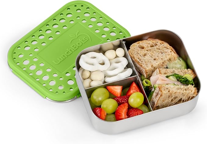 LunchBots Medium Trio II Snack Container - Divided Stainless Steel Food Container - Three Sections for Snacks On the Go - Eco-Friendly, Dishwasher Safe, BPA-Free - Stainless Lid - Green Dots