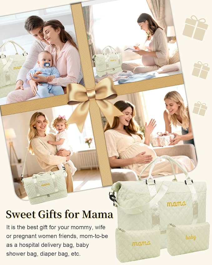 Mama Baby Pregnancy Hospital Bag Essentials for Women Labor Delivery Diaper Organizer with Shoe Compartment,2 Waterproof Toiletry Pouch Travel Duffle Bag for Mommy Weekender Overnight Gym Gifts,Beige