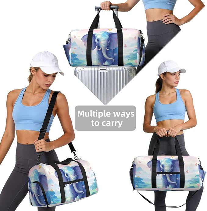 Sports Gym Bag Pink Cloud Cute Elephant Flowers Travel Duffel Bag With Shoe Compartment Shoulder Strap, Lightweight Water-Resistant Weekend Overnight Totes For Women Men