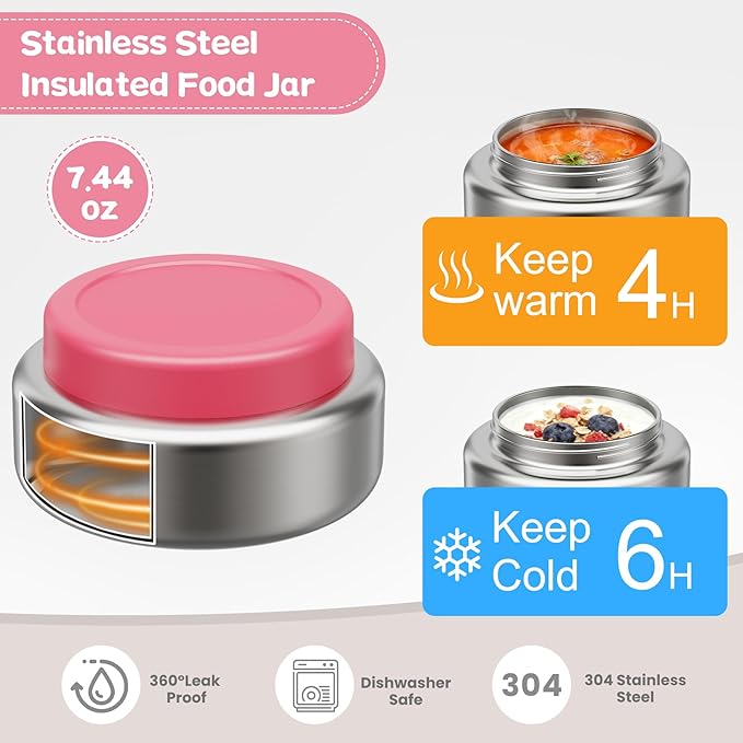 Stainless Steel Bento Box Kids Adult with 7oz Insulated Food Jar, Transparent Lid Metal Lunch Box With Soup Thermal Jar, Lunch Box Container with Removable Divider & Sauce Cup School (Pink)