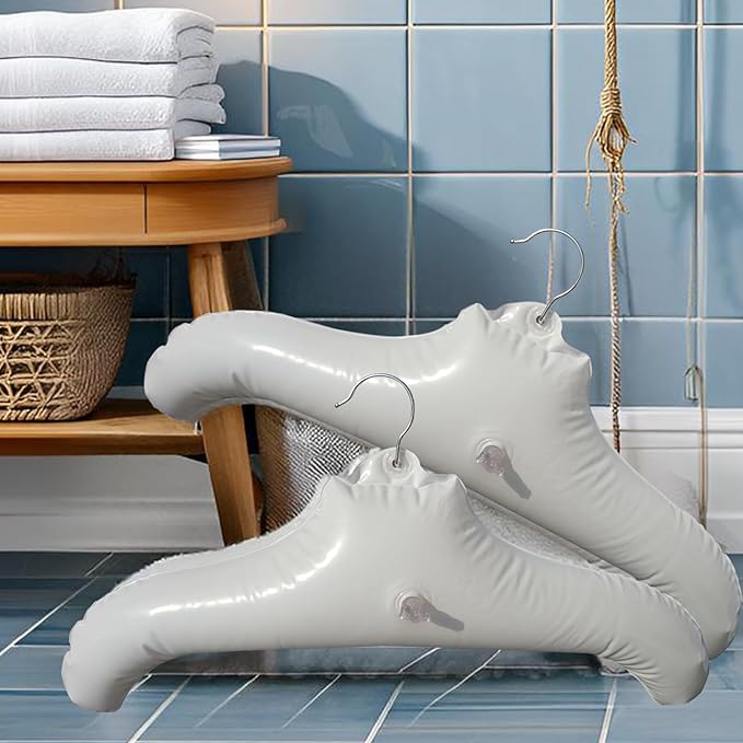Coralpearl Inflatable Hangers for Travel X 2 in White Round Shoulder, Air Blow up Clothes Drying Hangars with Metal Hook, Compact, Space Saving, Foldable, Portable, Non Slip for Hand Wash Laundry