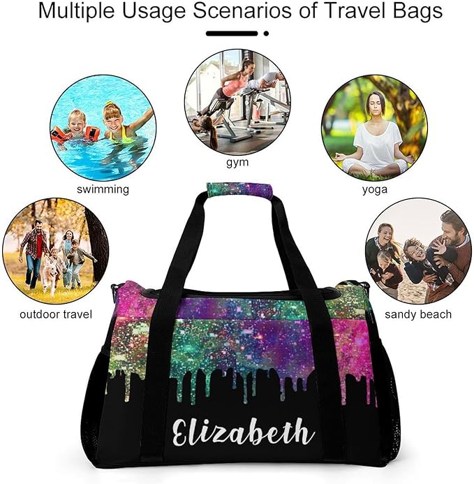 Custom Handheld Crossbody Travel Bag Colorful Black Sequin Glitter Print Lightweight Gym Bags Duffel Bag with Name Adjustable Shoulder Strap Backpacks