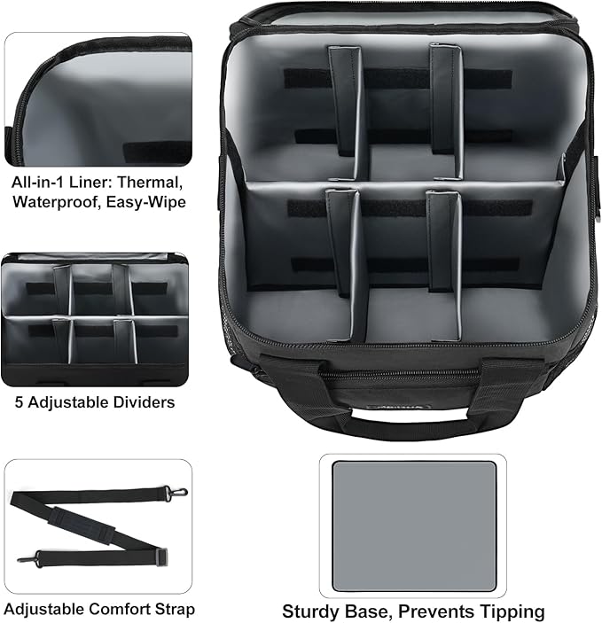 Insulated 6 Cup Drink Carrier Bag for Delivery, Reusable & Leak-Proof Tote with Adjustable Dividers & Detachable Shoulder Strap, for Travel, Takeout, Outdoor Activities