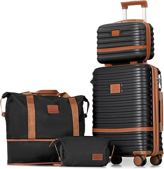 Joyway Carry On Luggage 20 Inch Expandable Suitcase with Spinner Wheel, 4 Piece Hard Shell Luggage Set with TSA Lock(Black brown)