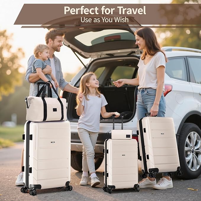 Hoteel Expandable 5 Piece Luggage Set (4-YEARS WARRANTY) ABS+PC Hardshell Carry on Suitcase Silent Universal Wheels & TSA Lock for, Unisex Rolling Suit Case, for Travel, Family, Beige(20/24/28/DB/TB)