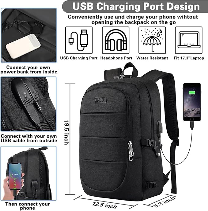 AMBOR Travel Laptop Backpack for Ｍen, 15.6-17.3 inch Laptop Backpack, Anti Theft Business Work Backpack with USB Charging Port, Water Resistant Computer Bag for Men & Women, Black