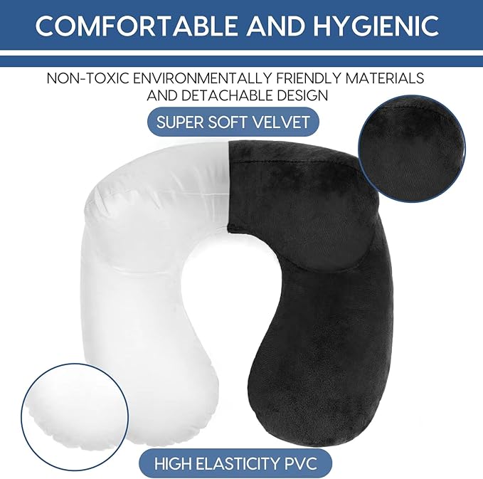 Inflatable Travel Pillow for Airplane Inflatable Neck Pillow for Traveling with Soft Velvet Washable Cover for Sleeping, Airplane,Train, Car, Office, Contoured Eye Masks, Earplugs