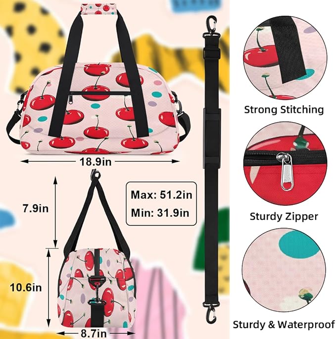 Duffle Bag for Women Men, Polka Dot Cherry Pattern Gym Bag for Travel Sports, Lightweight Waterproof Weekender Overnight Bags with Adjustable Strap