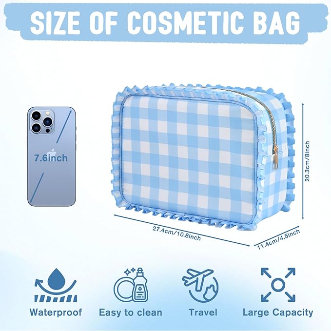 Gingham Ruffle Makeup Bag,Large Travel Cute Cosmetic Bag for Women Girls,Toiletry Bag Make up Organizer 11.8 x 4.7 x 9 inch (Blue Gingham)
