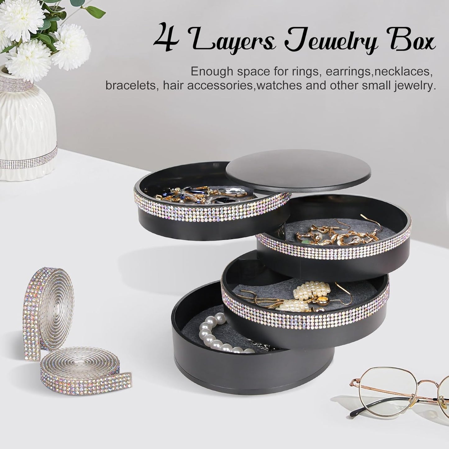 CONBOLA Jewelry Holder Organizer, Christmas Gifts Ideas for Women, Small Jewelry Storage Box Earring Holder, 5-Layer Rotating Jewelry Storage Tray with Lid for Bracelets Rings Bracelets