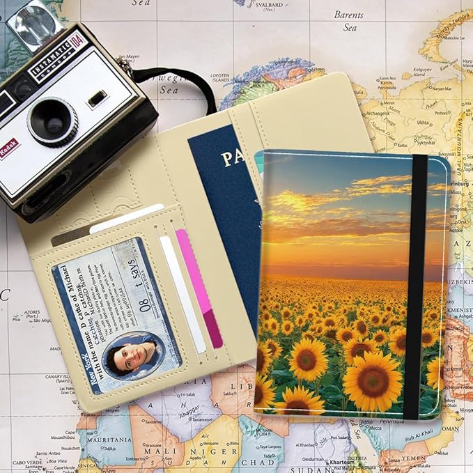 PU Leather Passport Holder Cover 5.9×4.3 Inch with Credit Card Slot and Boarding Pass Slot Combo Blocking Passport Holder Wallet Cover Case for Travel Boarding Essentials (Sunflower)