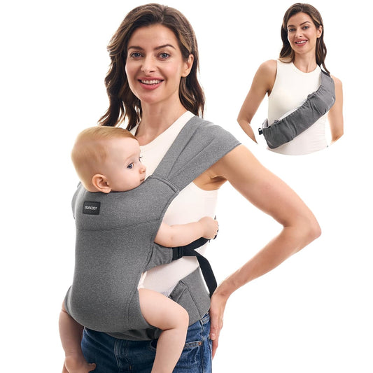 Momcozy Portable Baby Carrier – Compact & Lightweight, Adjustable for Travel, Fold & Go Convenient Storage Hip Pouch, Wide Shoulder Straps, Soft Skin-Friendly Fabric, for Babies 12–35 lbs (Grey)