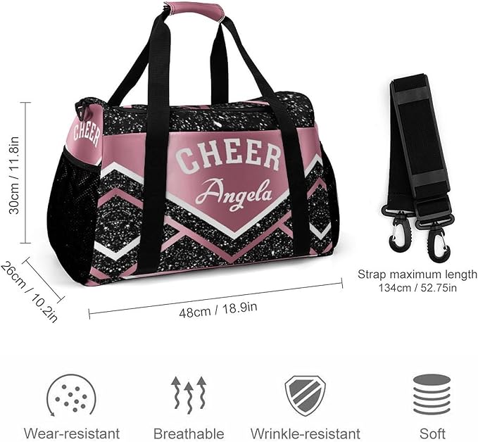 Cheer Pink Black Stripes Sequin Print Waterproof Duffel Bag, Adjustable Shoulder Strap Pack, Perform Training Travel Bag for Teens Adults Women Men