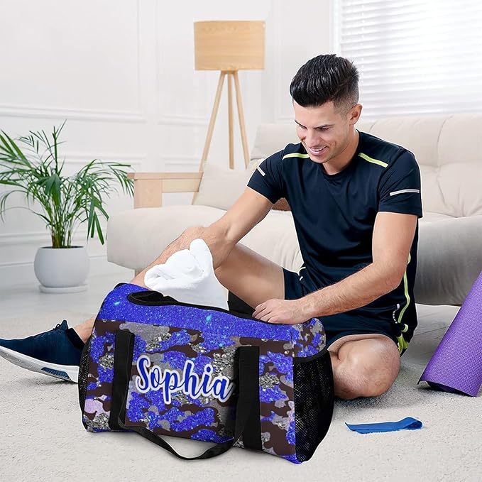 Personalized Sports Bag Name Duffel Bags with Adjustable Shoulder Strap Blue Navy Camouflage Bling Print Travel Bags Perform Training Weekender Bag