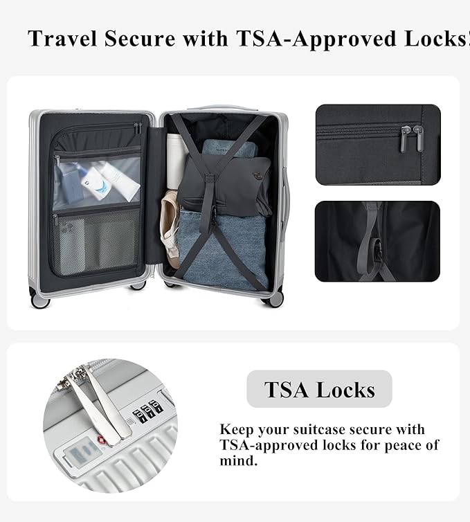 feilario 20in Hardside Spinner Wheel Luggage with Zipper Closure, Built-In TSA lock Carry on Suitcase, with Cup Holder & USB Port & Phone Holder White(with zipper closure, 20in)