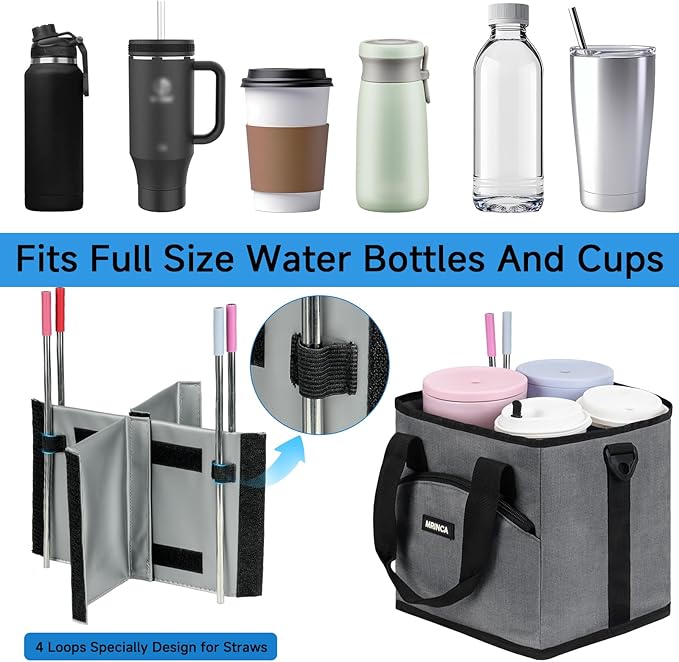 Reusable Drink Carrier with Handle – Insulated, Collapsible 4-Cup Beverage Bag with No-Spill Base, Adjustable Dividers & Shoulder Strap, Portable Caddy for Delivery, Car and Travel, Gray