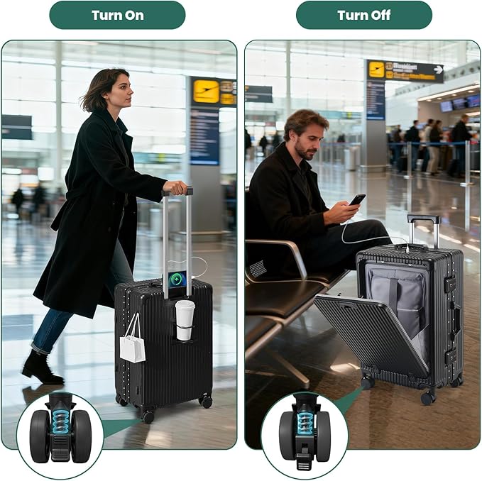 20 Inch Aluminum Frame Carry On Luggage with Front Pocket, USB Port, Phone Holder & Cup Holder, Hard Shell Spinner Suitcase for Airplane Travel, Black