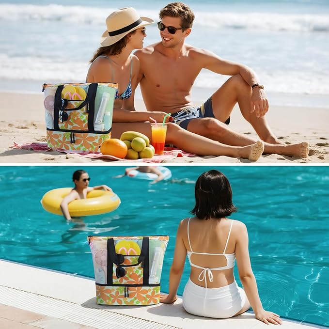 ASL Mesh Beach Bag with Cooler Compartment for Women, 2-in-1 Print Travel Tote 30L with Zipper and Pockets, Pool Picnic
