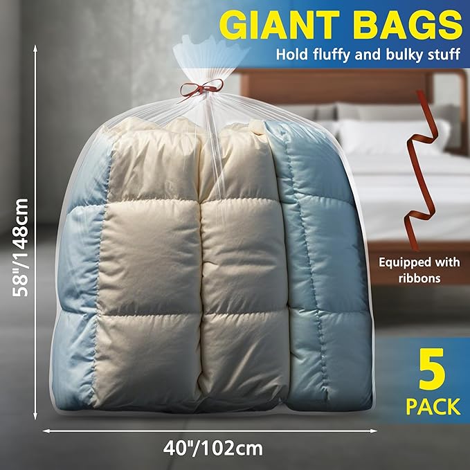 Extra Large Clear Plastic furniture Bags, 2 Mil Storage Bags Ideal for Car Seats, Suitcases, Strollers, Small Bikes, Attic Storage, Clothes, Xmas Trees, 5 Pack with 5 Ties, 40'' x 58''