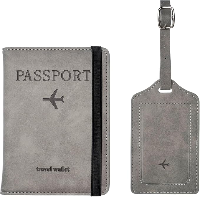 Luggage Tag and Passport Holder Set,Passport Cover with Card Slot and Boarding Pass Slot Combo,Passport Travel Must Have, Waterproof and Scratch Resistant Travel Accessories（Gray）