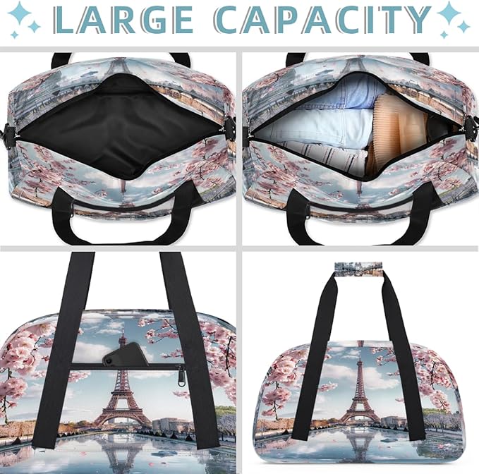 Gym Bag for Women Men, Paris Eiffel Cherry Blossom Travel Duffle Bags for Dance Ballet Overnight, Carry-On Weekender Bag with Detachable Shoulder Strap