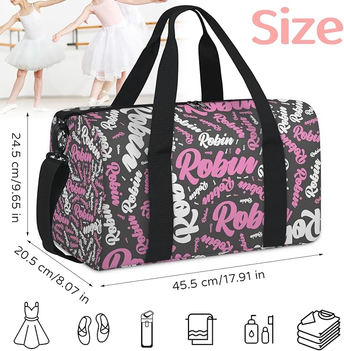 Custom-Dance-Gymnastics-Bag for Girls Personalized Kids Duffle Bag Cheerleader Team Bag for Travel Gym Sport Pink White Gray