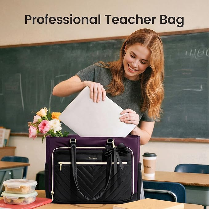 LOVEVOOK Tote Bag, Laptop Bag for Women with Large Cup Holder, Work Teacher Tote Bag with Large Cup Holder, Nurse Diaper Bag for Travel, Women's Handbags for Teacher gift, Black-Purple, 15.6 Inch