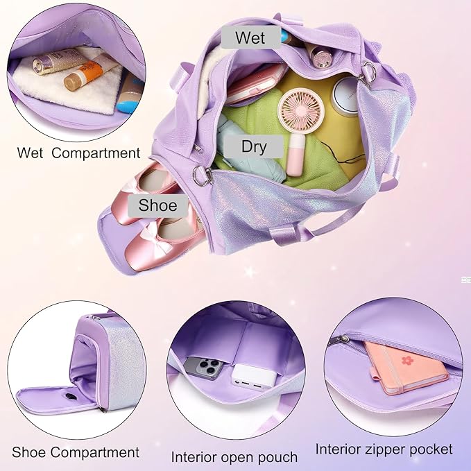 Cute Dance Bag for Girls Ballet Bag Shiny Glitter Sports Duffle Bags Gym Travel Bag with Shoes Compartment(Purple)