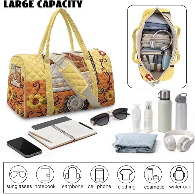 COEQINE Large Duffle Bag For Travel Women Yellow Sunflower Camper Print Quilted Tote Bag Large Car Shoulder Purses for Womens Gym Overnight Luggage Bag with Trolley Sleeve
