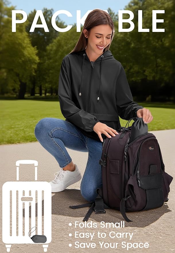 Zando Lightweight Rain Jacket Women Waterproof - Raincoat for Women Packable Rain coat Hooded Windbreaker for Travel Outdoor
