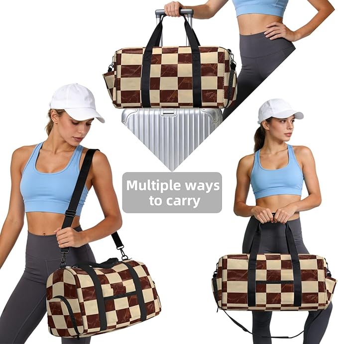 Sports Gym Bag Brown Marbling Checkerboard Grid Travel Duffel Bag With Shoe Compartment Shoulder Strap, Lightweight Water-Resistant Weekend Overnight Totes For Women Men