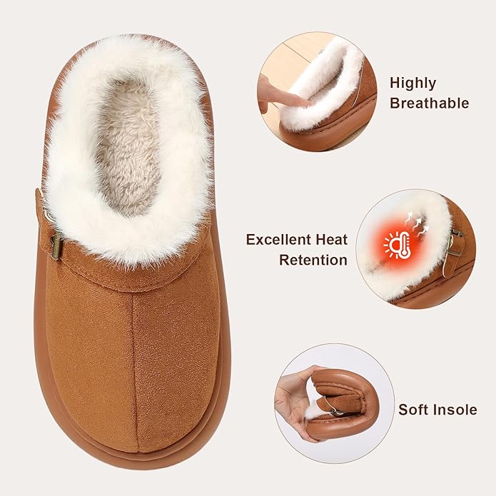 Close Toe Slip On Cotton Slippers with Breathable Faux Fur Memory Foam House Slippers for Women Warm Fuzzy Indoor Slippers with Non-Slip Rubber Sole
